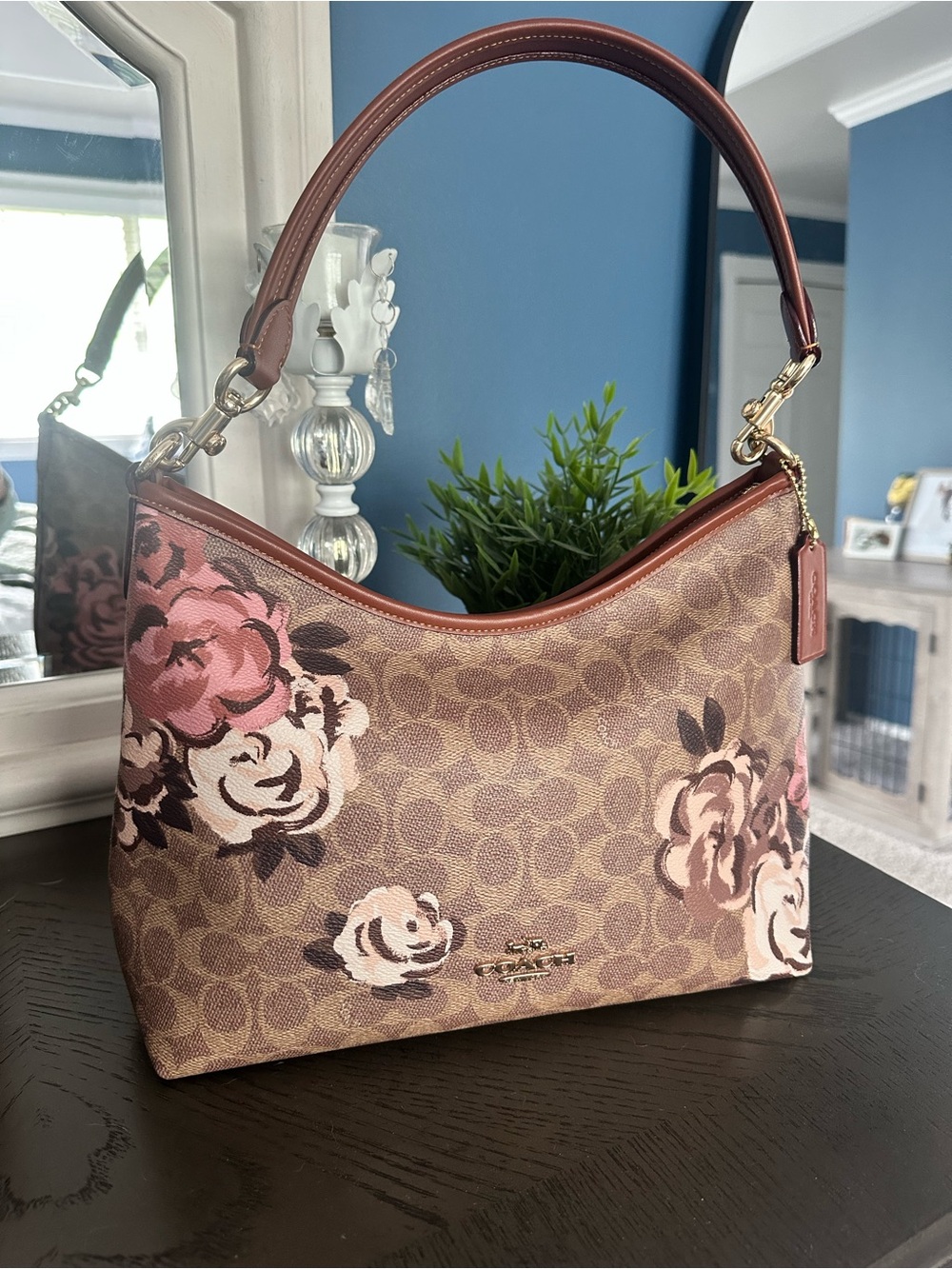 Coach Brown Signature Floral Laurel style Shoulder Bag with Pink Accents